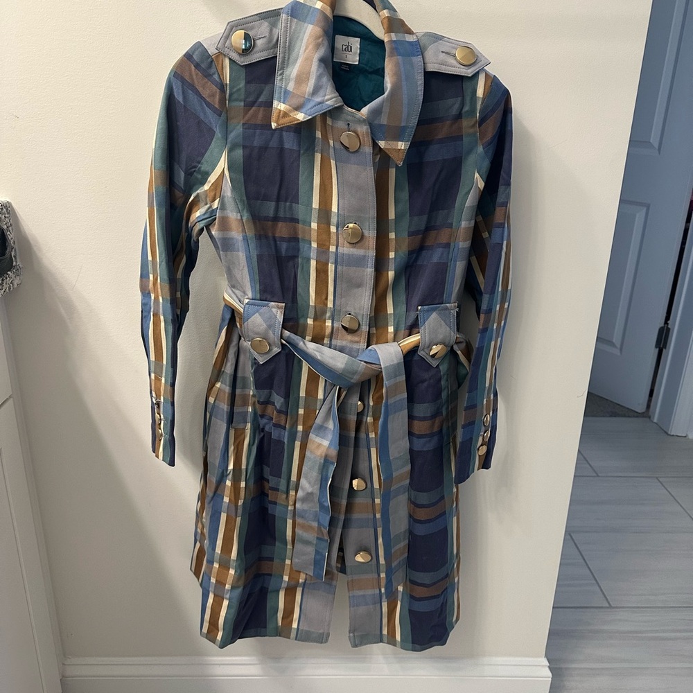 CAbi Blue and Brown Plaid Trench Coat